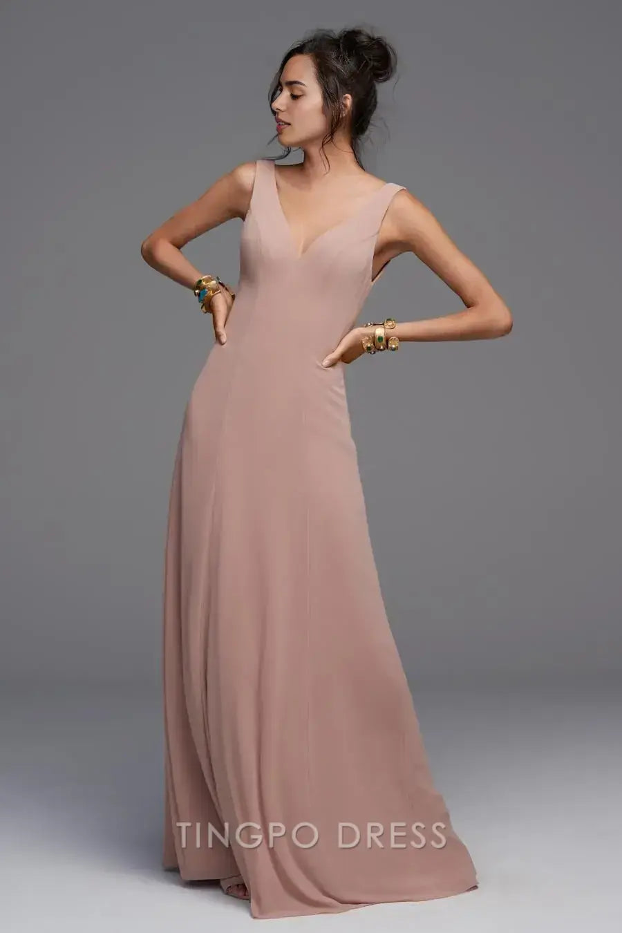 TingPo Wholesale Elegant Blush Pink Evening Gown - Deep V-Neck Sleeveless Sheath Maxi Dress